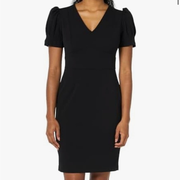NWT DKNY Midnight/Deep Navy Midi V-Neck Sheath Dress with Puff Sleeves - Picture 3 of 9